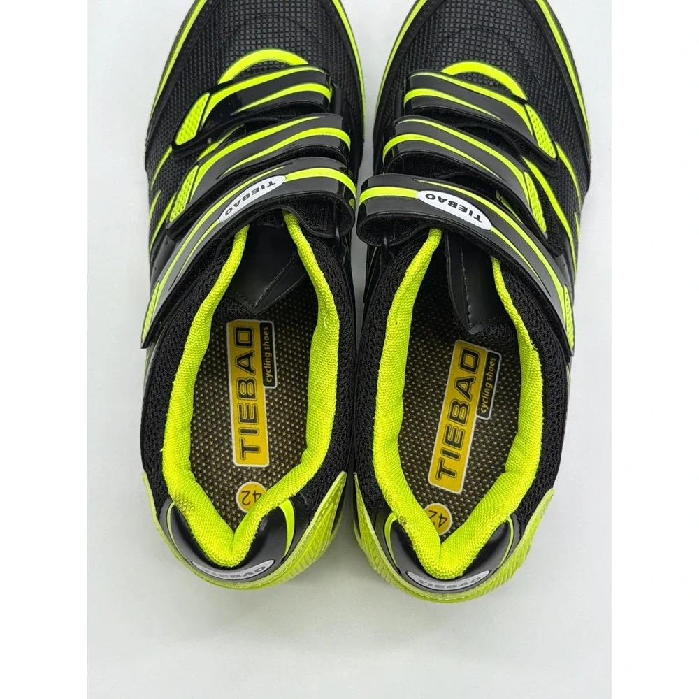 Tiebao Road Cycling Shoes‎ Mens 9 Black Neon Yellow 3-Bolt Cleat Compatible